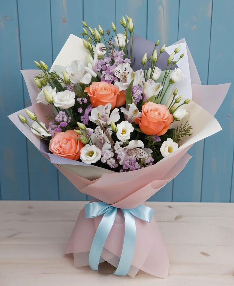 Букет цветов из: Лизиантусы, Розы, Альстромерии и Гипсофила в Арье